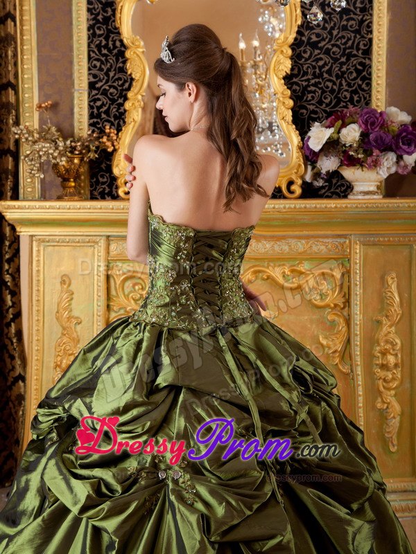 Appliques Strapless Pick Ups Floor-length Olive Green Taffeta Sweet 15 Gowns