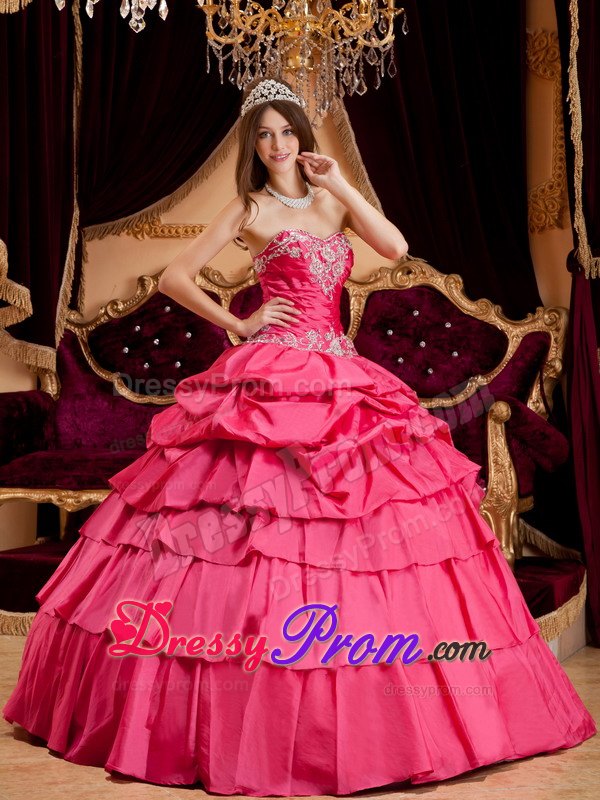 Layers Sweetheart Appliques Hot Pink Taffeta Cool Back Sweet Sixteen Dresses