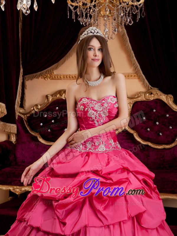 Layers Sweetheart Appliques Hot Pink Taffeta Cool Back Sweet Sixteen Dresses