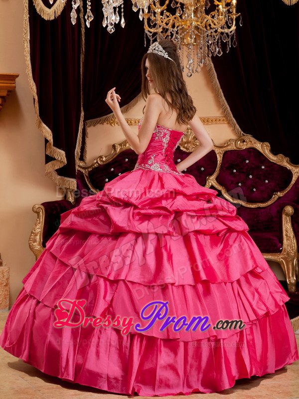 Layers Sweetheart Appliques Hot Pink Taffeta Cool Back Sweet Sixteen Dresses