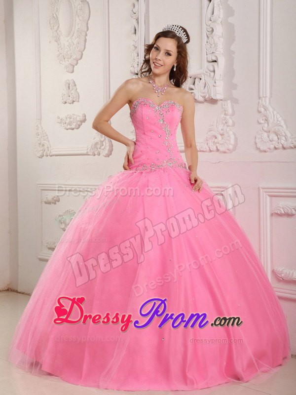 Sweetheart Beading Appliques Tulle Rose Pink Lace Up Back Quinceanera Gown