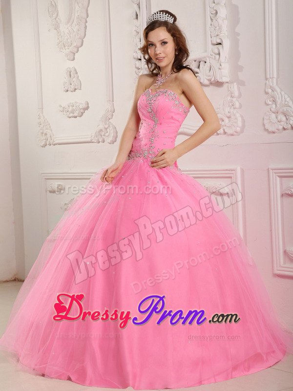 Sweetheart Beading Appliques Tulle Rose Pink Lace Up Back Quinceanera Gown