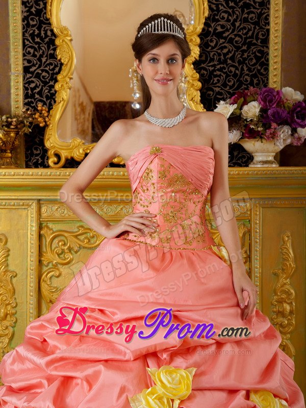Handmade Flowers Strapless Beading Taffeta and Tulle Pick Ups Dresses 15