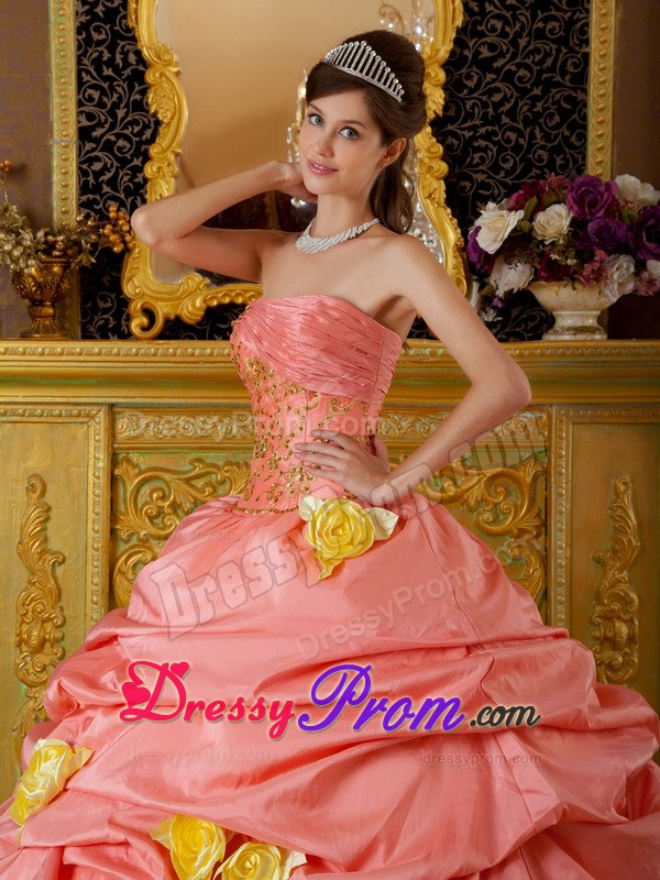 Handmade Flowers Strapless Beading Taffeta and Tulle Pick Ups Dresses 15
