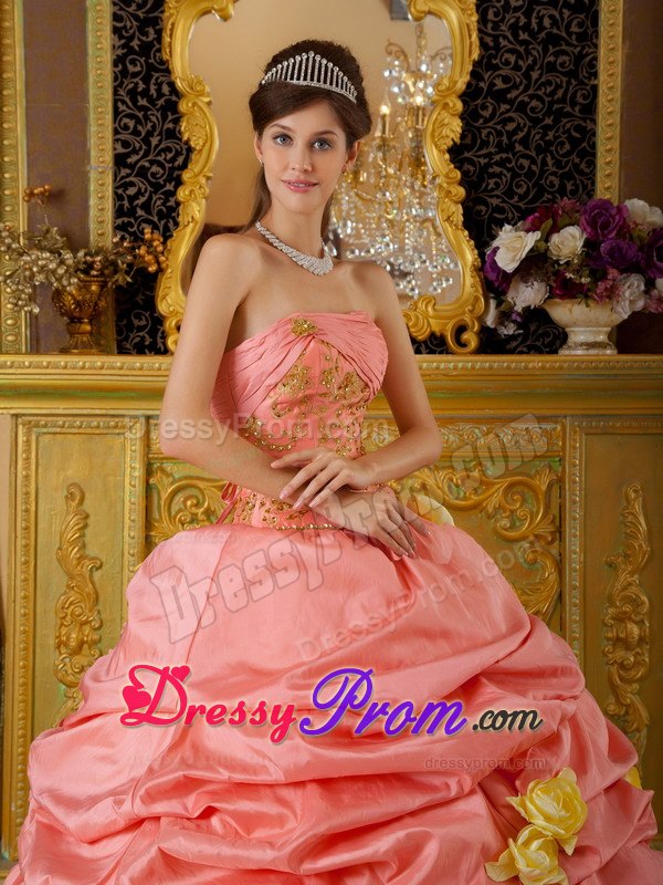 Handmade Flowers Strapless Beading Taffeta and Tulle Pick Ups Dresses 15