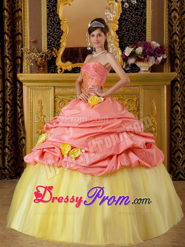 Handmade Flowers Strapless Beading Taffeta and Tulle Pick Ups Dresses 15