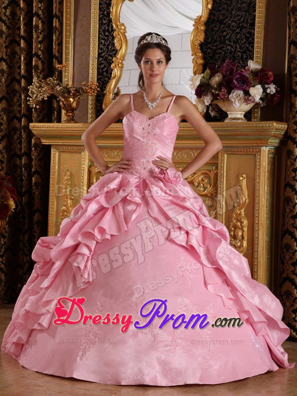 Straps Beading and Appliques Floor-length Pink Taffeta Quinceanera Gowns