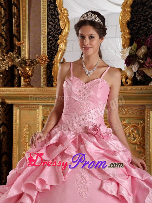Straps Beading and Appliques Floor-length Pink Taffeta Quinceanera Gowns