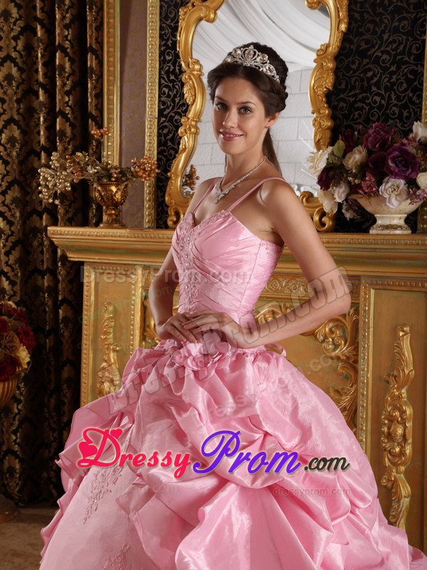 Straps Beading and Appliques Floor-length Pink Taffeta Quinceanera Gowns