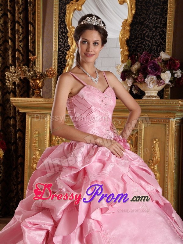 Straps Beading and Appliques Floor-length Pink Taffeta Quinceanera Gowns