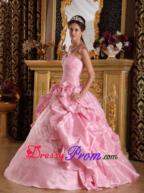 Straps Beading and Appliques Floor-length Pink Taffeta Quinceanera Gowns