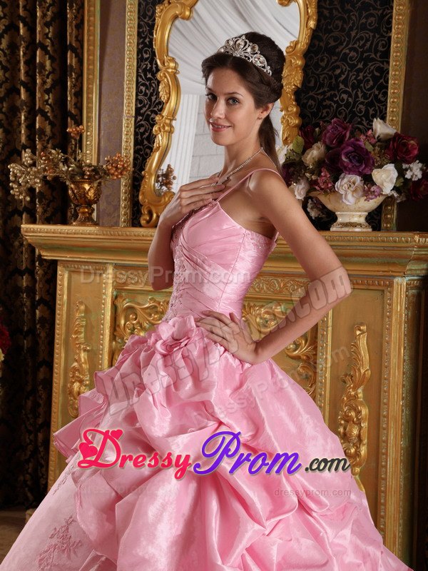 Straps Beading and Appliques Floor-length Pink Taffeta Quinceanera Gowns