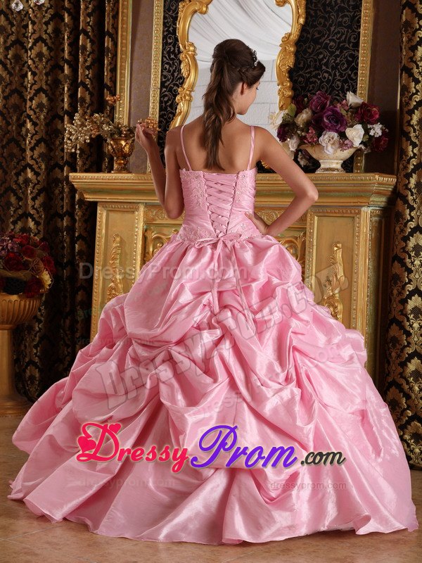 Straps Beading and Appliques Floor-length Pink Taffeta Quinceanera Gowns