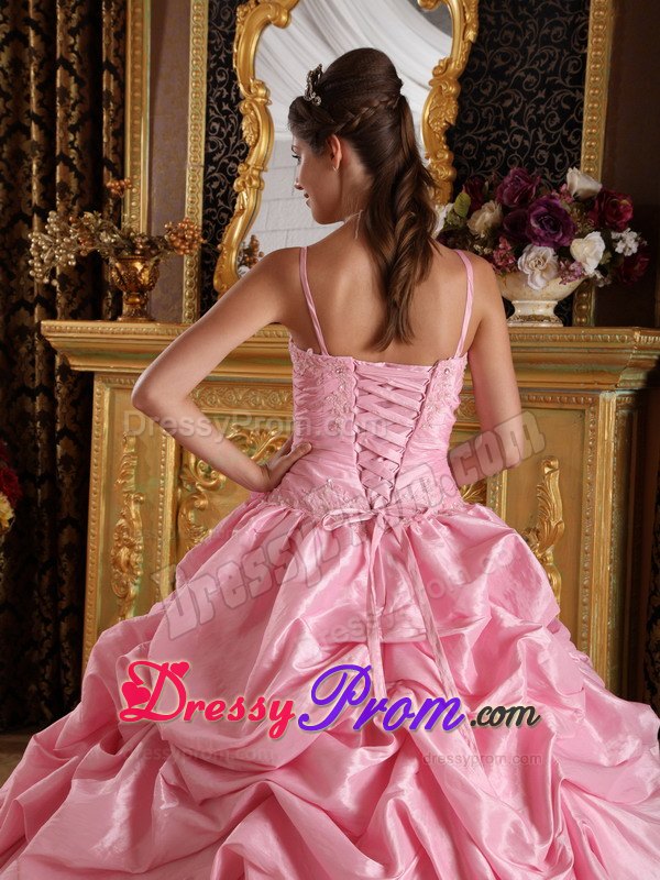 Straps Beading and Appliques Floor-length Pink Taffeta Quinceanera Gowns