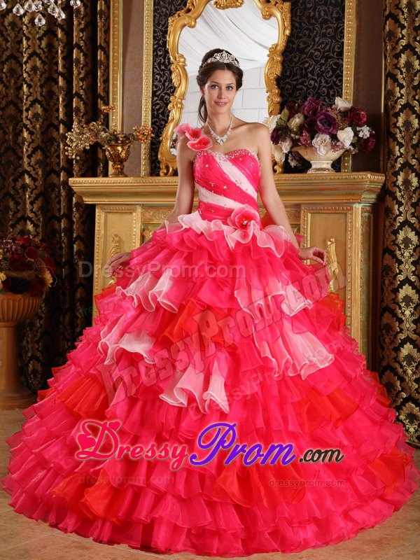 One Shoulder Ruffles Beading Multi-color Organza Layers Quinceanera Dress