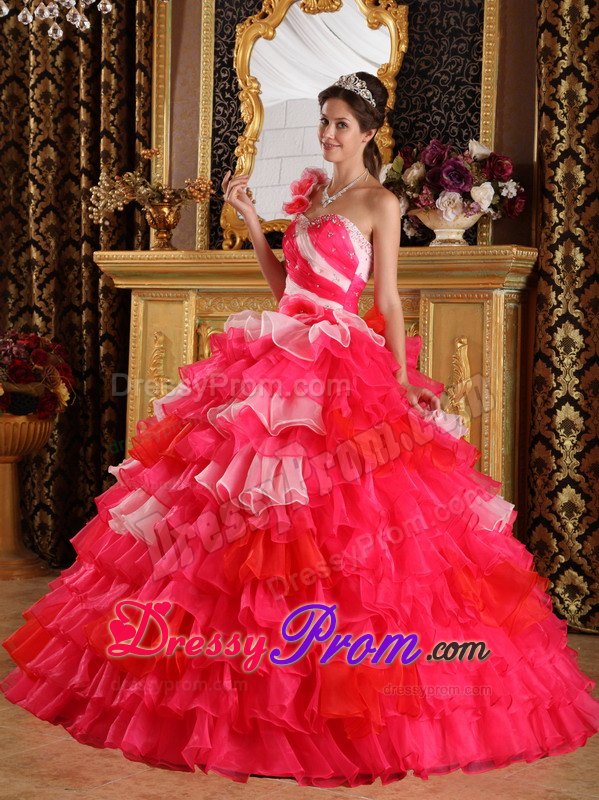 One Shoulder Ruffles Beading Multi-color Organza Layers Quinceanera Dress