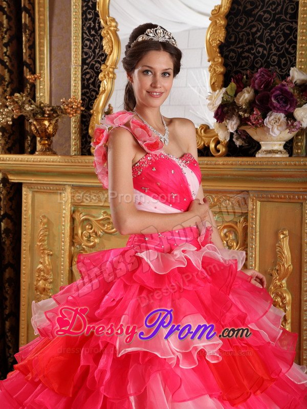 One Shoulder Ruffles Beading Multi-color Organza Layers Quinceanera Dress