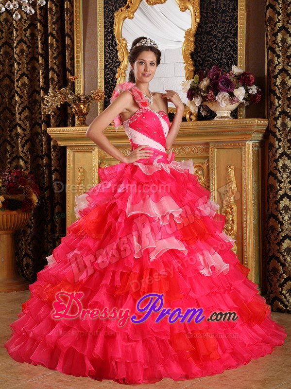 One Shoulder Ruffles Beading Multi-color Organza Layers Quinceanera Dress