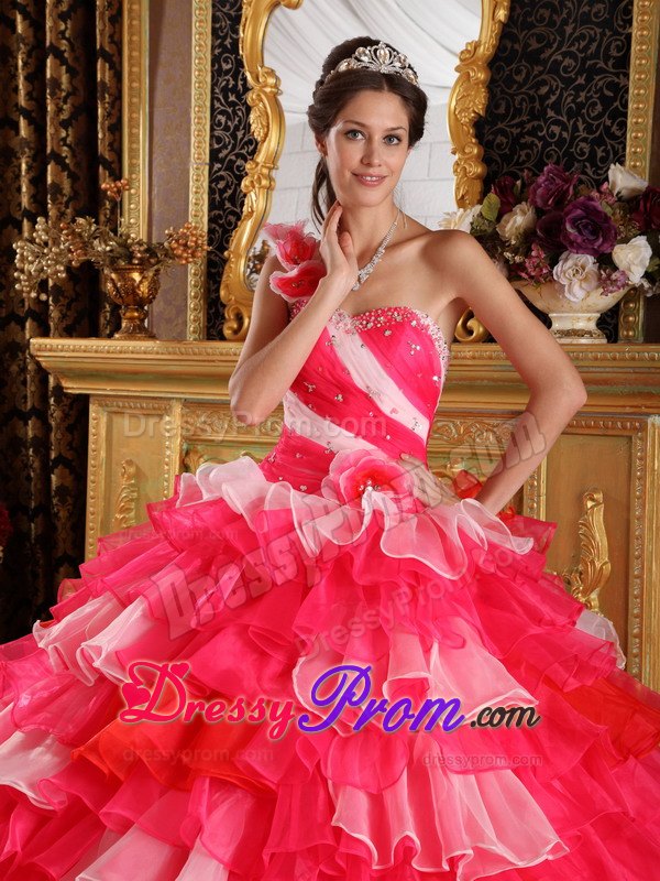 One Shoulder Ruffles Beading Multi-color Organza Layers Quinceanera Dress