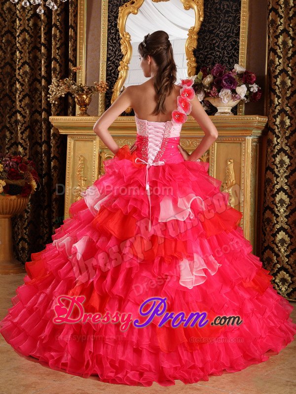 One Shoulder Ruffles Beading Multi-color Organza Layers Quinceanera Dress
