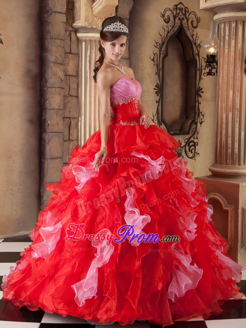 Colorful Strapless Beading and Ruffles Floor-length Organza Quinceanera Gown