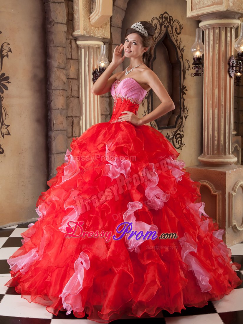 Colorful Strapless Beading and Ruffles Floor-length Organza Quinceanera Gown