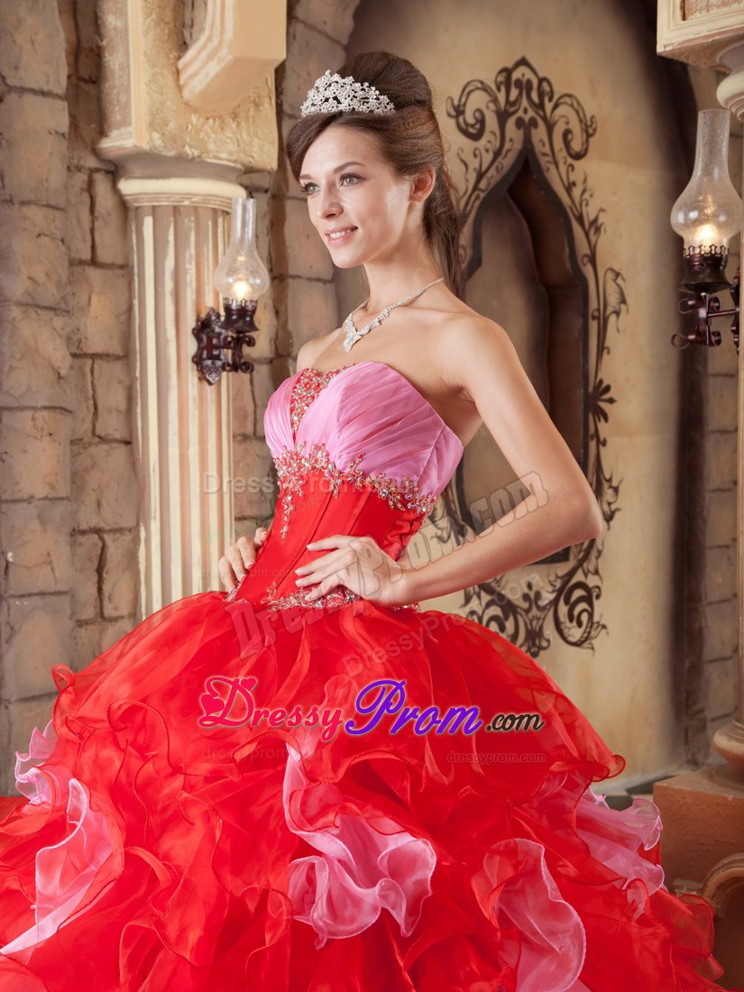 Colorful Strapless Beading and Ruffles Floor-length Organza Quinceanera Gown