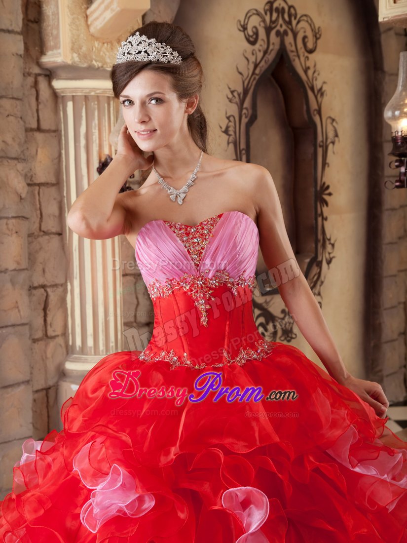Colorful Strapless Beading and Ruffles Floor-length Organza Quinceanera Gown