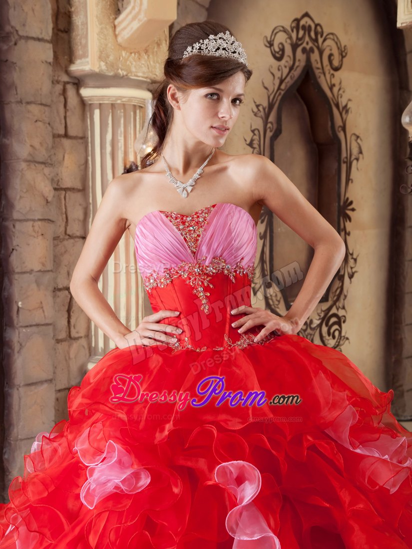Colorful Strapless Beading and Ruffles Floor-length Organza Quinceanera Gown