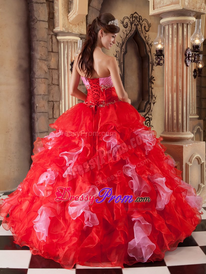 Colorful Strapless Beading and Ruffles Floor-length Organza Quinceanera Gown
