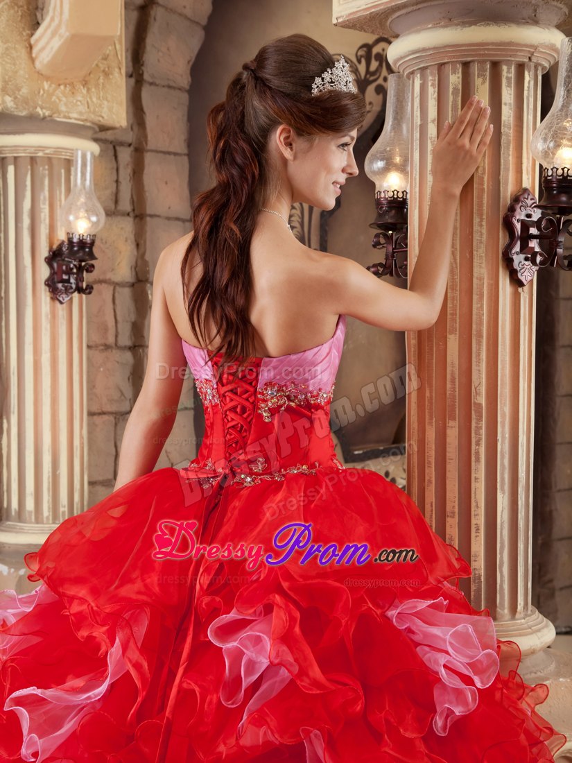 Colorful Strapless Beading and Ruffles Floor-length Organza Quinceanera Gown
