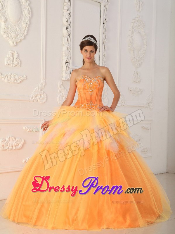 Sweetheart Beading Ruffled Orange Tulle Lace Up Back Quinceanera Dresses