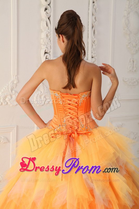Sweetheart Beading Ruffled Orange Tulle Lace Up Back Quinceanera Dresses
