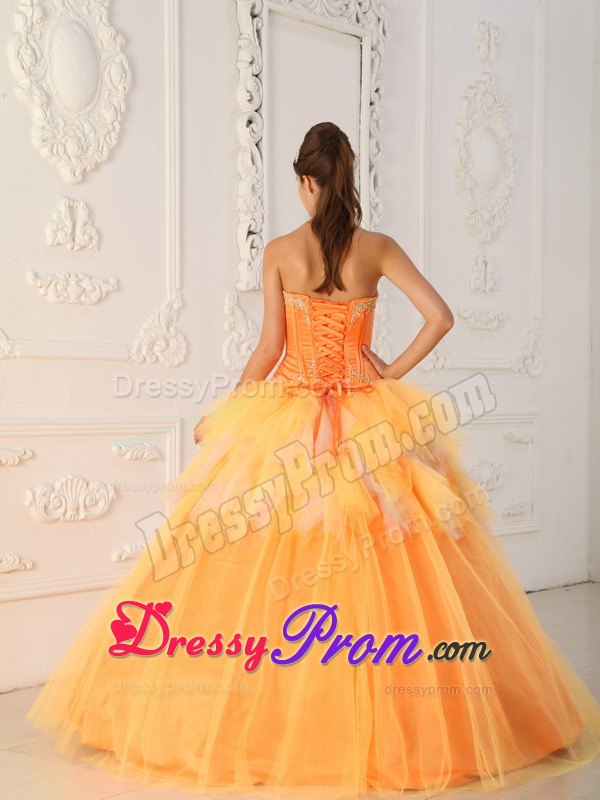 Sweetheart Beading Ruffled Orange Tulle Lace Up Back Quinceanera Dresses