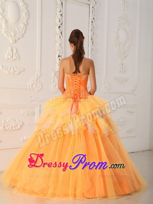 Sweetheart Beading Ruffled Orange Tulle Lace Up Back Quinceanera Dresses