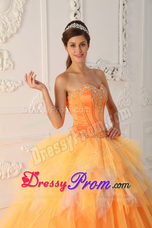 Sweetheart Beading Ruffled Orange Tulle Lace Up Back Quinceanera Dresses