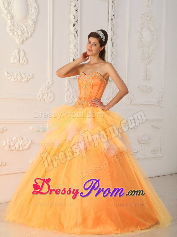 Sweetheart Beading Ruffled Orange Tulle Lace Up Back Quinceanera Dresses