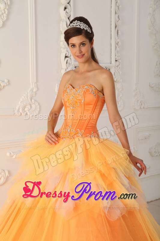 Sweetheart Beading Ruffled Orange Tulle Lace Up Back Quinceanera Dresses