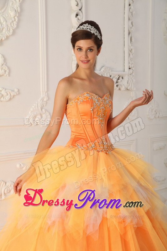 Sweetheart Beading Ruffled Orange Tulle Lace Up Back Quinceanera Dresses