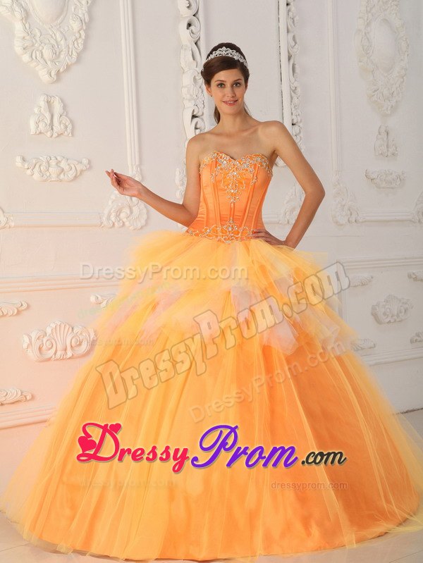 Sweetheart Beading Ruffled Orange Tulle Lace Up Back Quinceanera Dresses
