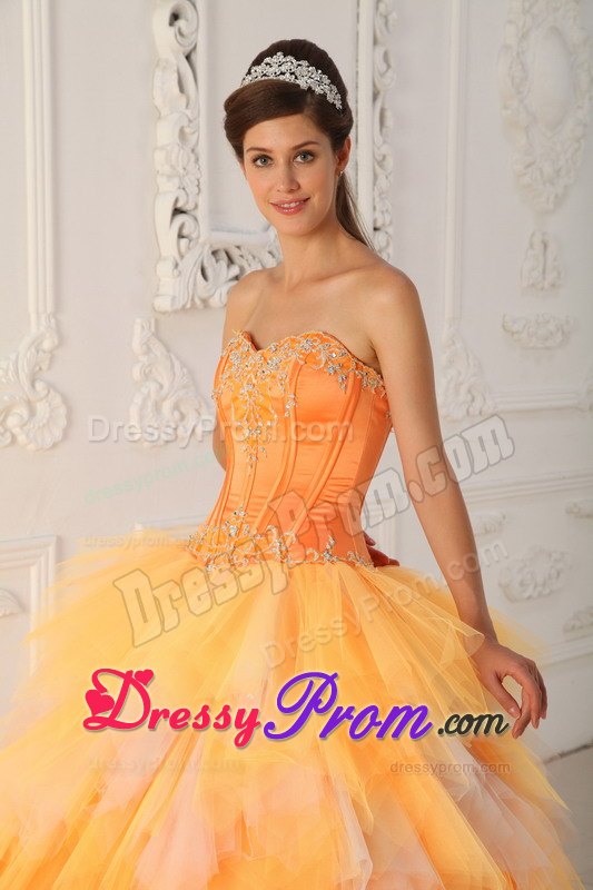 Sweetheart Beading Ruffled Orange Tulle Lace Up Back Quinceanera Dresses