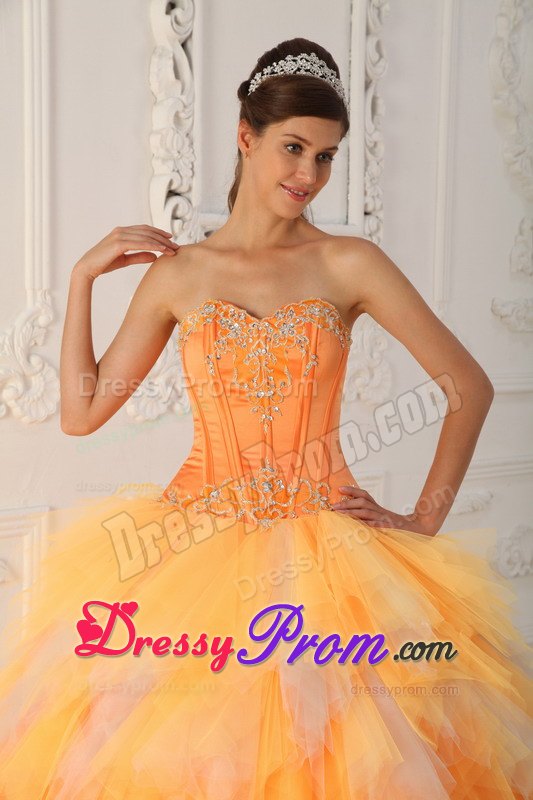 Sweetheart Beading Ruffled Orange Tulle Lace Up Back Quinceanera Dresses