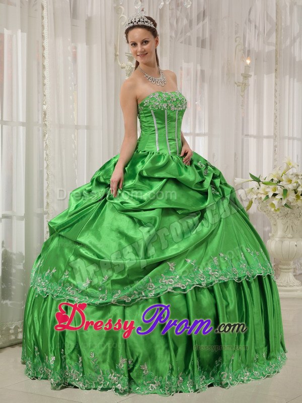 Taffeta Strapless Beading Applique Pick Ups Spring Green Quinceanera Dress