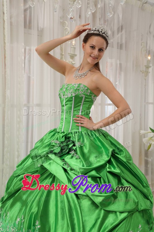 Taffeta Strapless Beading Applique Pick Ups Spring Green Quinceanera Dress