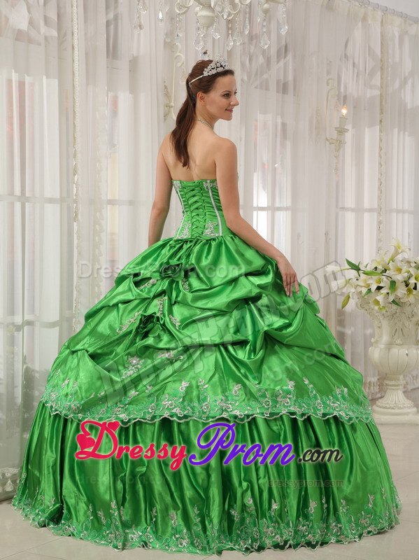 Taffeta Strapless Beading Applique Pick Ups Spring Green Quinceanera Dress