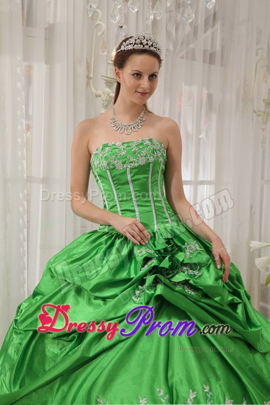 Taffeta Strapless Beading Applique Pick Ups Spring Green Quinceanera Dress
