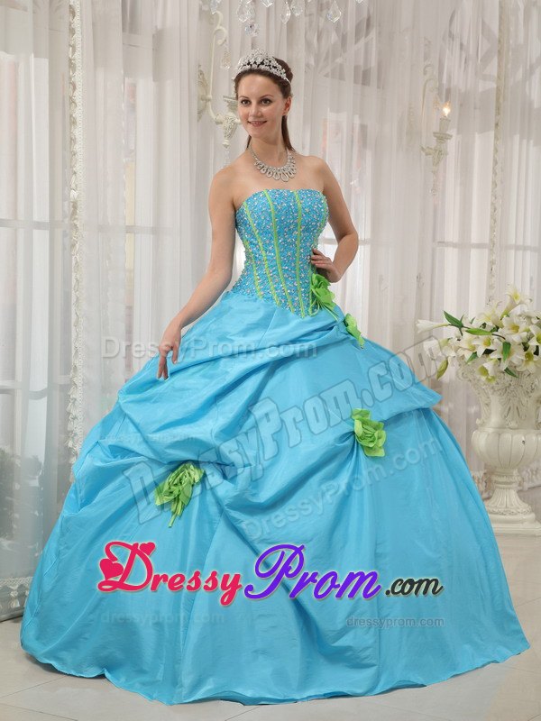 Strapless Hand Made Flowers Beading Baby Blue Taffeta Dresses For a Quince