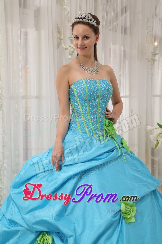Strapless Hand Made Flowers Beading Baby Blue Taffeta Dresses For a Quince