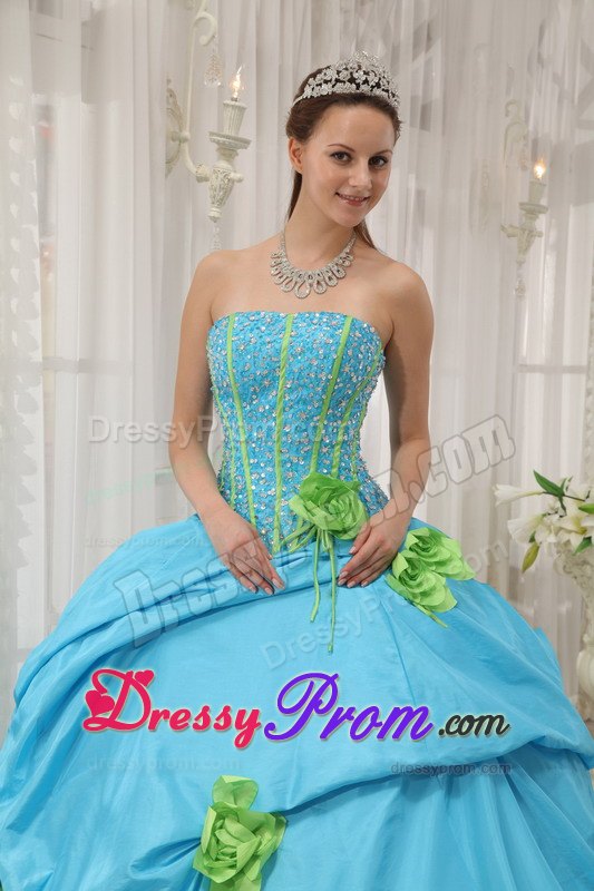 Strapless Hand Made Flowers Beading Baby Blue Taffeta Dresses For a Quince