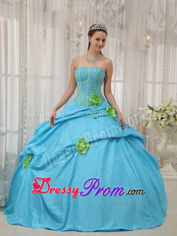 Strapless Hand Made Flowers Beading Baby Blue Taffeta Dresses For a Quince